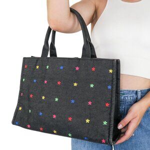 Vintage 90s Preston & York Denim Embroidered Flower Tote Bag Purse